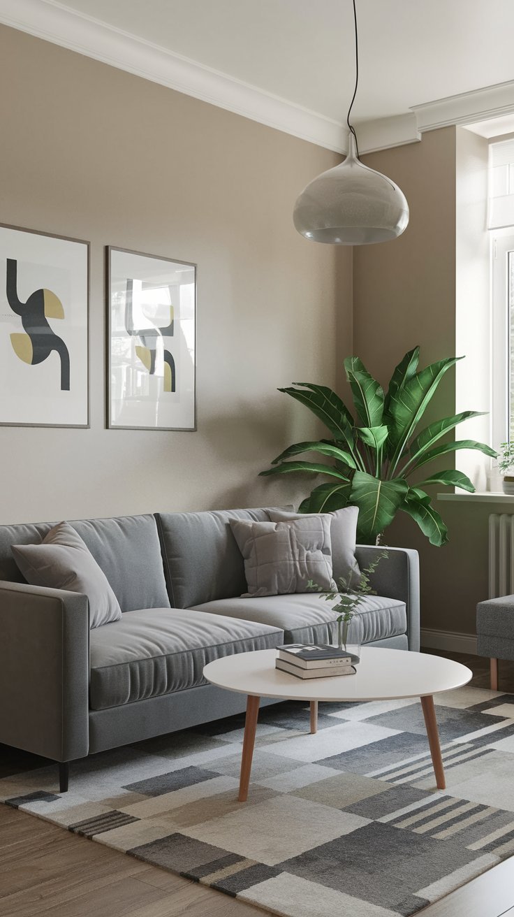 Canapé en velours gris dans un salon aux murs beiges