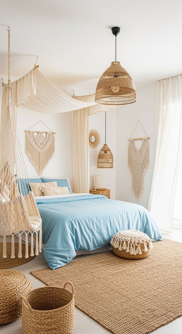 Chambre côtière bohème avec fauteuil suspendu et lit bleu