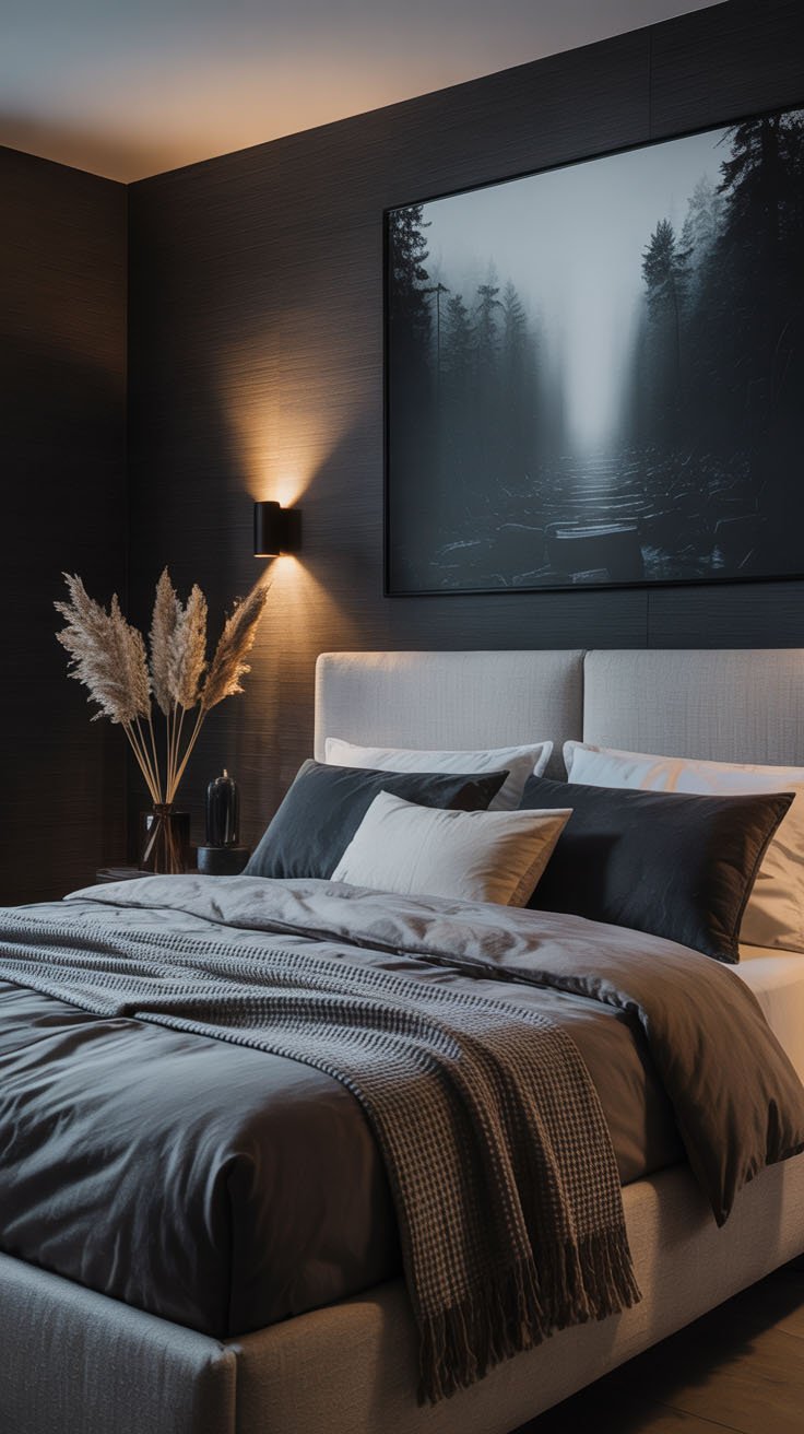 Chambre moderne couleur charbon avec tableau de forêt brumeuse