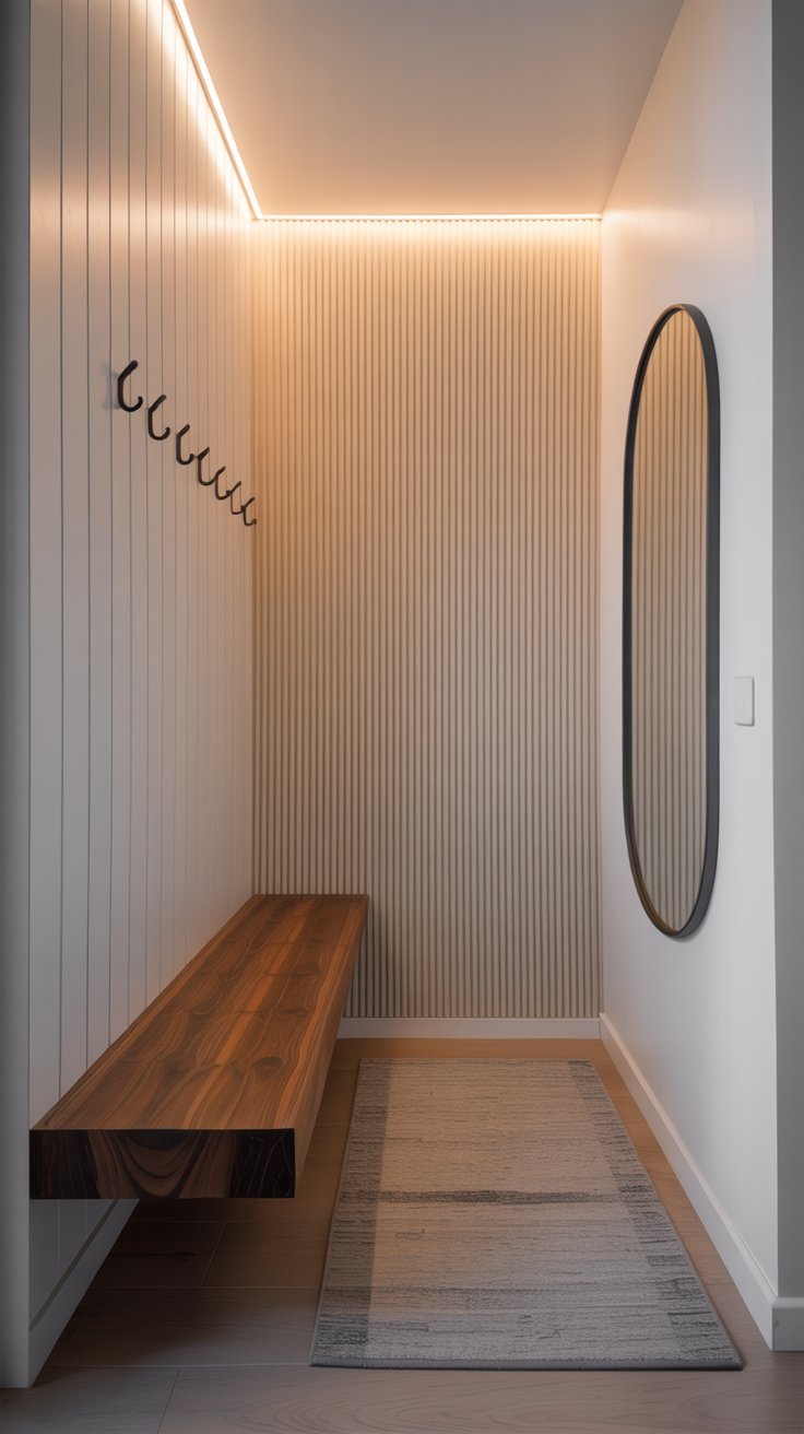 Entrée minimaliste avec banc flottant en noyer et murs à lattes