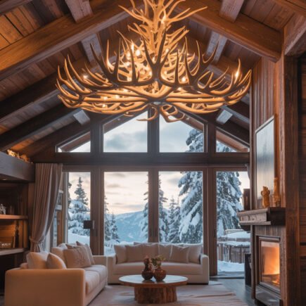 Salon de chalet avec lustre spectaculaire en bois de cerf