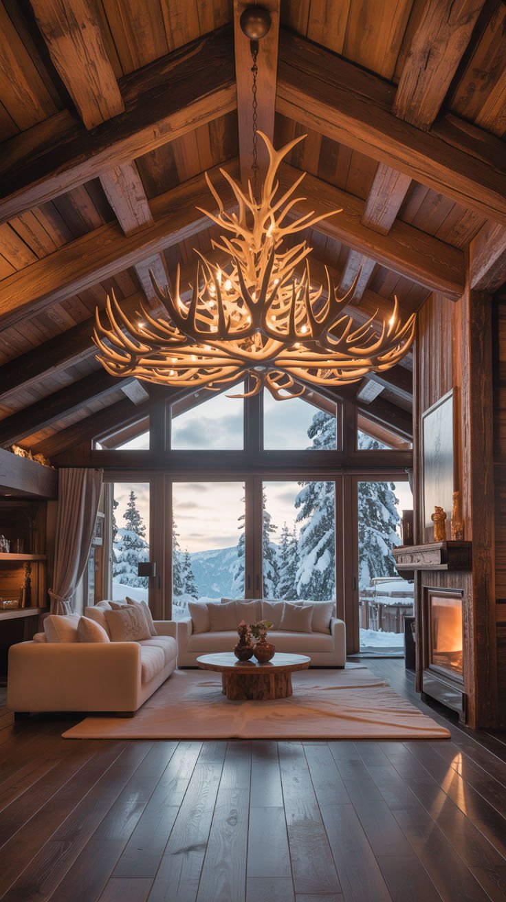 Salon de chalet avec lustre spectaculaire en bois de cerf