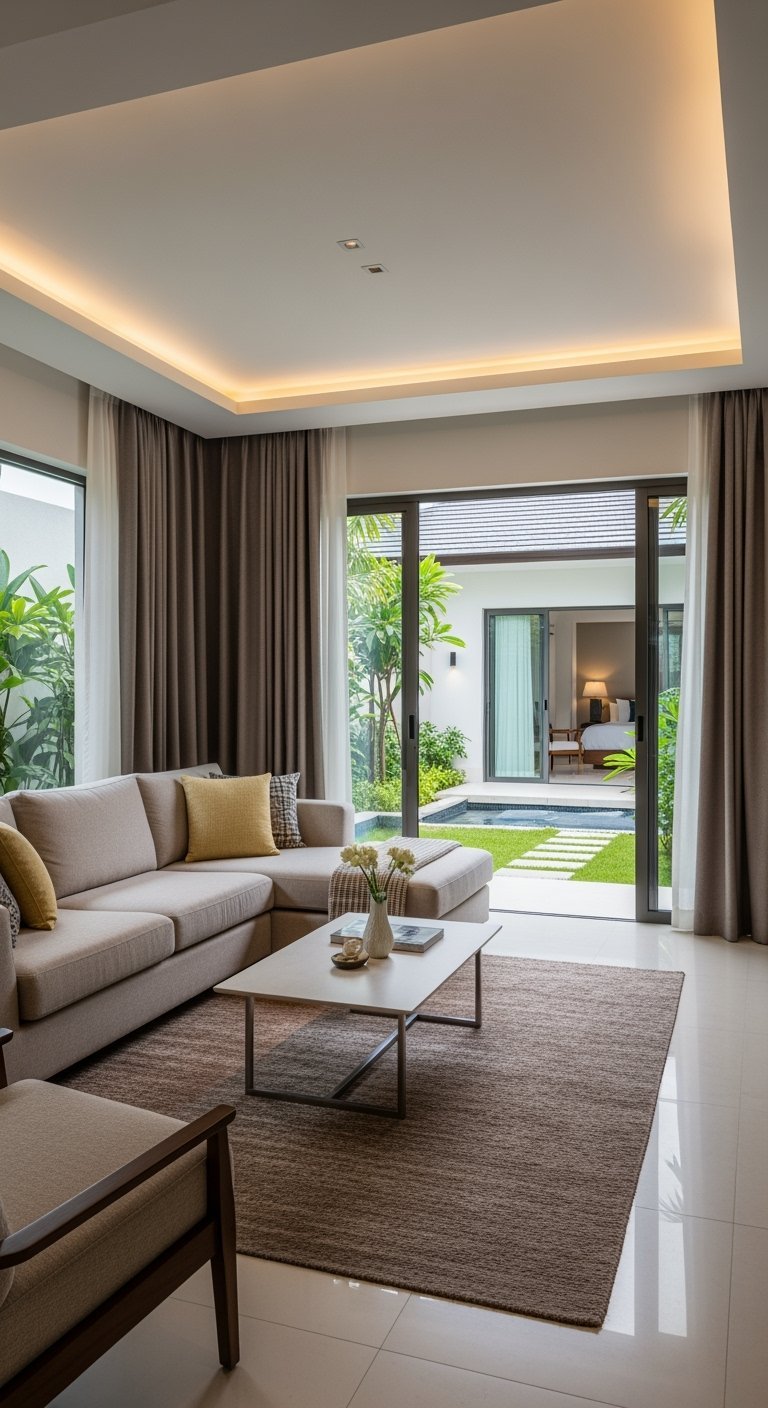Salon donnant sur une terrasse avec piscine privée