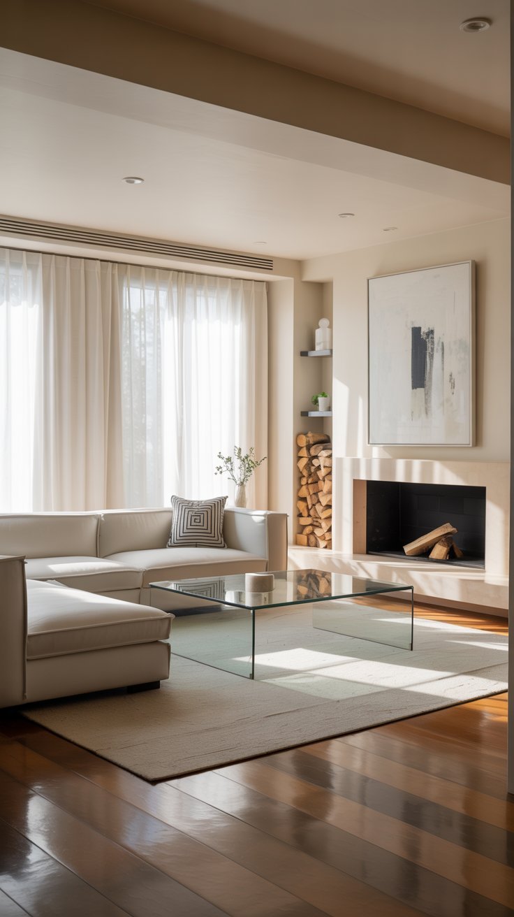 Salon minimaliste avec canapé blanc et table basse en verre