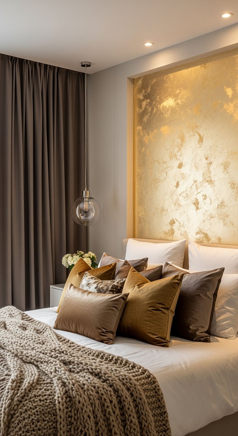 Chambre contemporaine avec un panneau mural doré texturé derrière le lit
