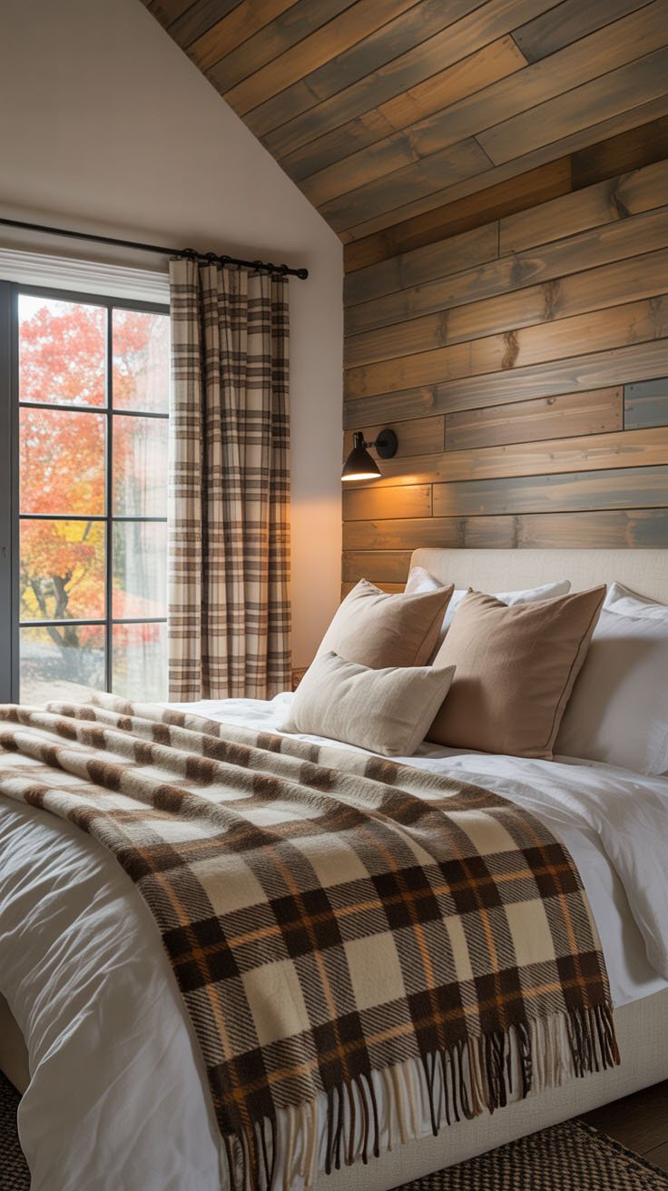 Chambre d'automne avec mur en bois et plaid à carreaux