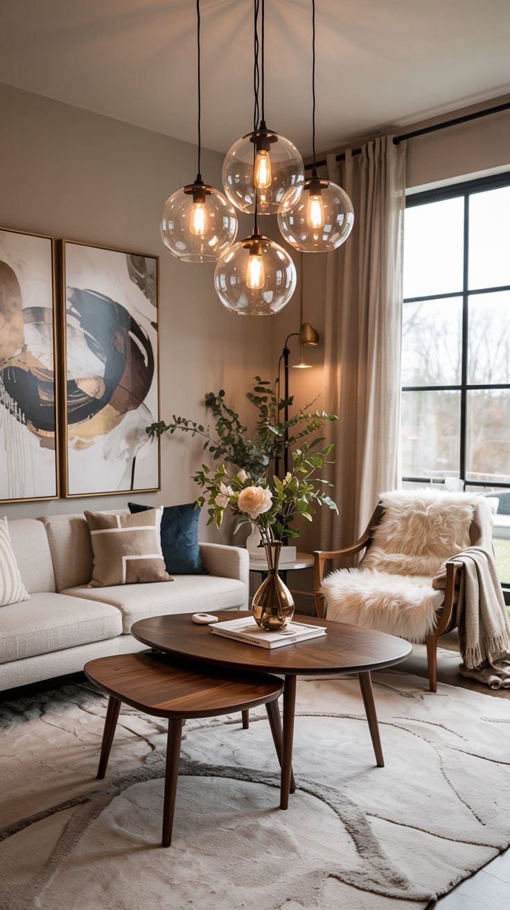 Salon moderne avec canapé beige, fauteuil en bois et lustre à globes de verre