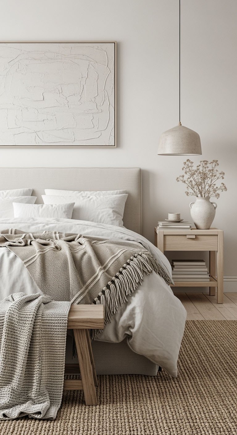 Chambre bohème minimaliste avec tons neutres et tapis en jute