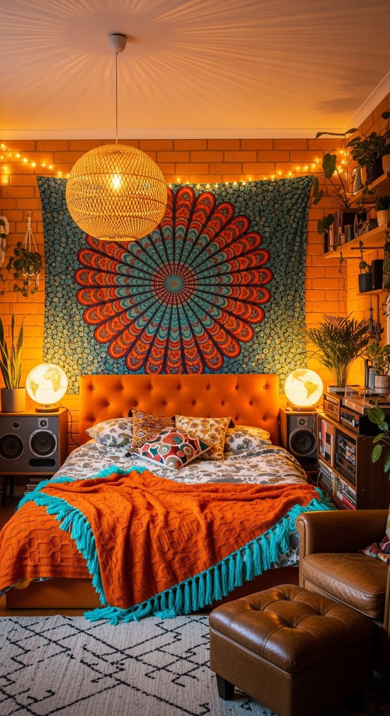 Chambre mystique avec mur de briques et tapisserie mandala