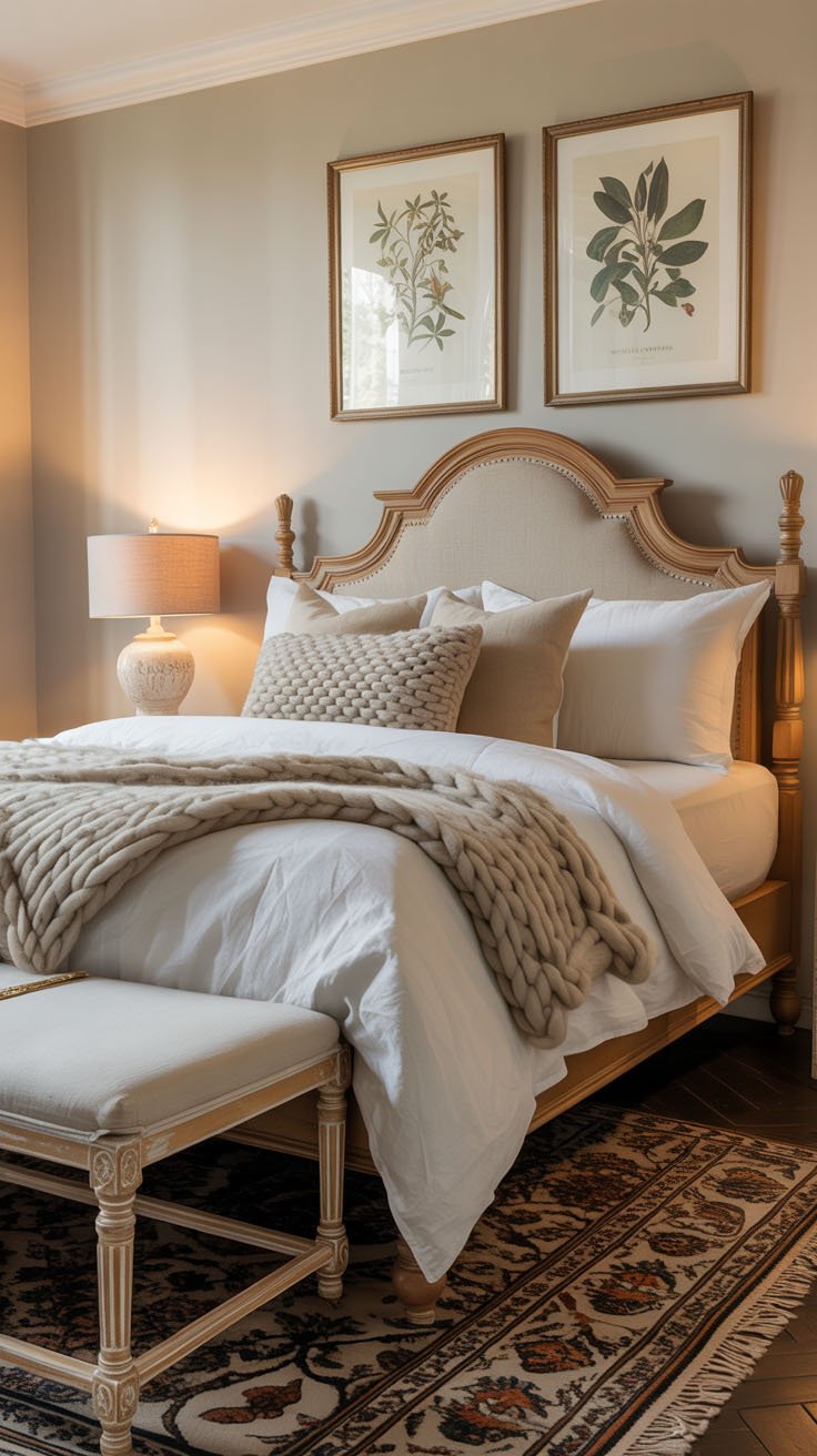 Chambre rustique chic avec lit en bois clair et cadres botaniques