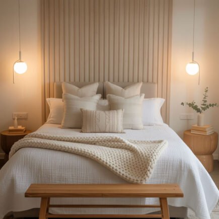 Chambre style Japandi avec tête de lit en tasseaux de bois