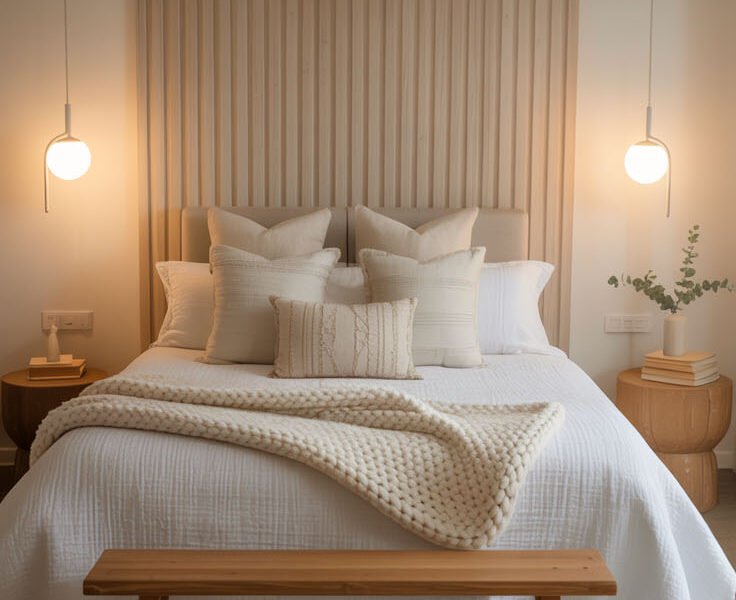 Chambre style Japandi avec tête de lit en tasseaux de bois