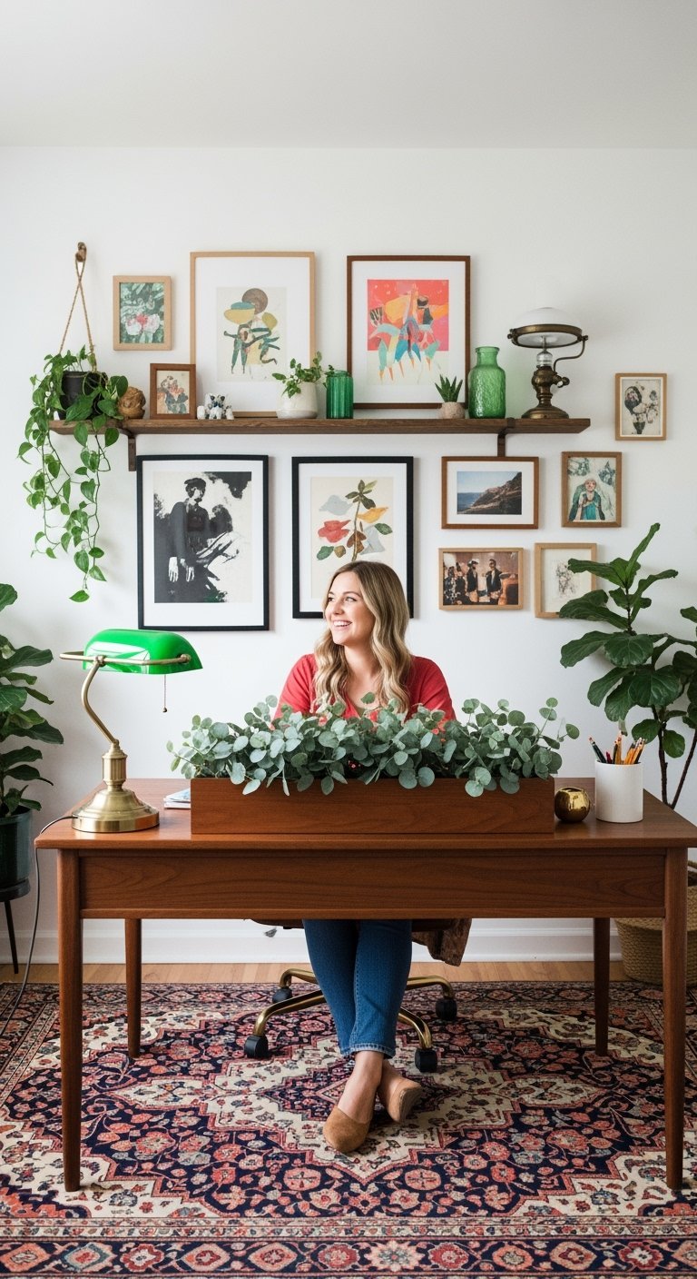 Femme à son bureau en bois avec un mur de galerie éclectique derrière elle
