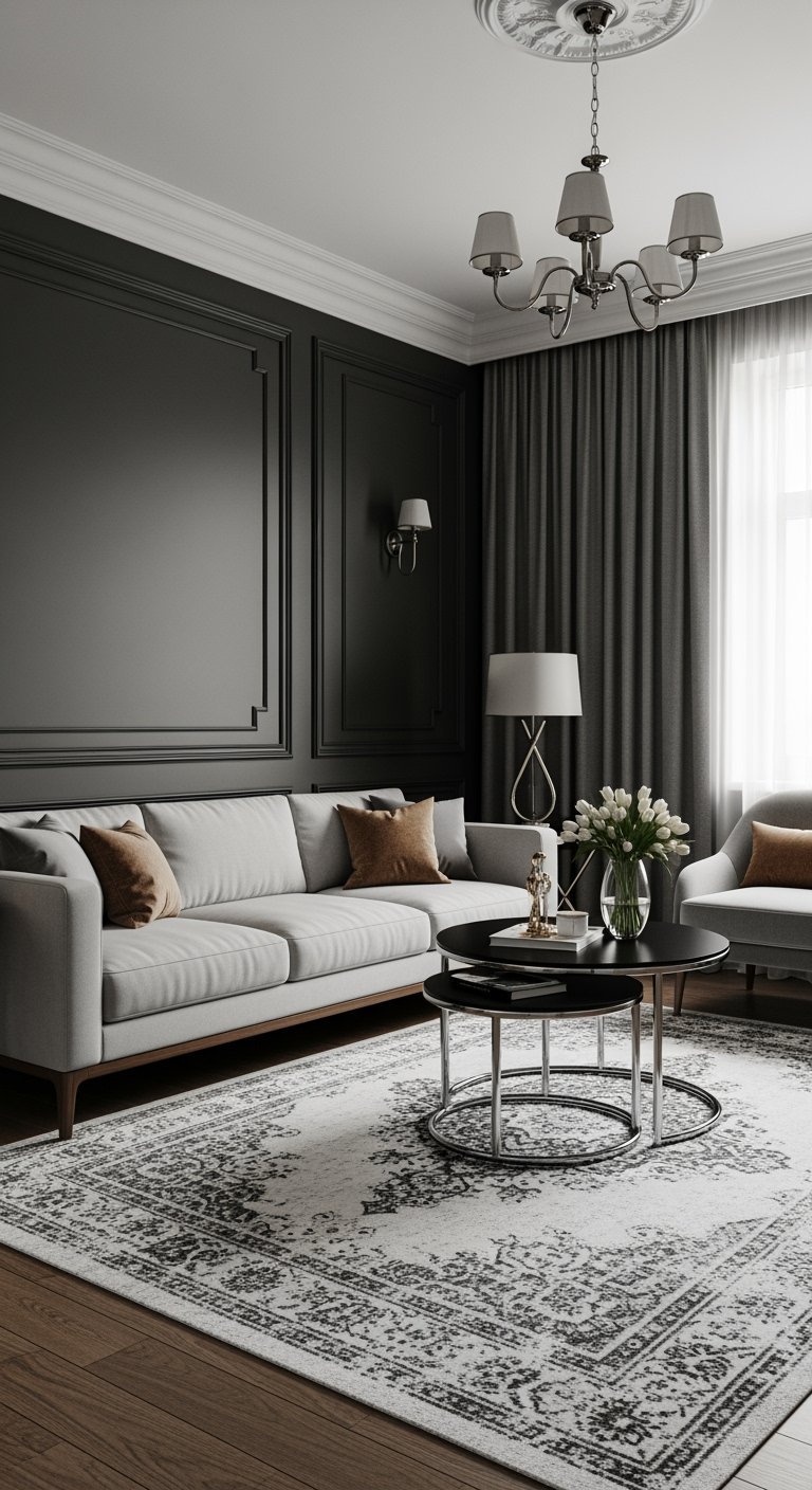 Salon classique avec moulures sur un mur gris foncé