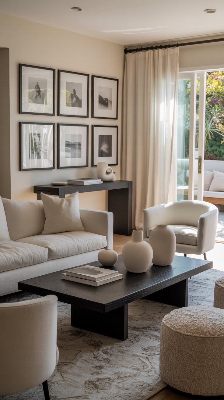 Salon noir et blanc avec mur de photos et mobilier design