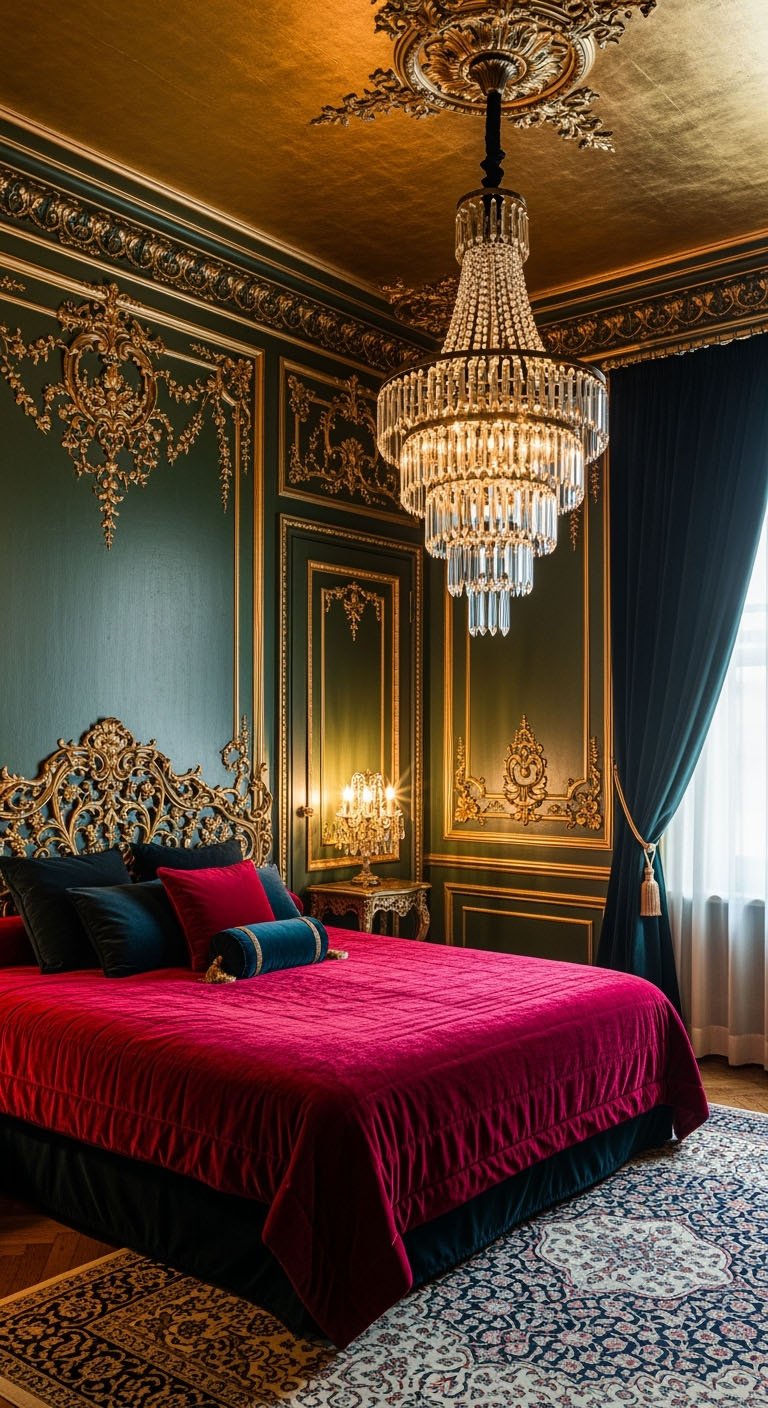 Chambre baroque luxueuse avec des murs verts et or et un lit en velours rouge