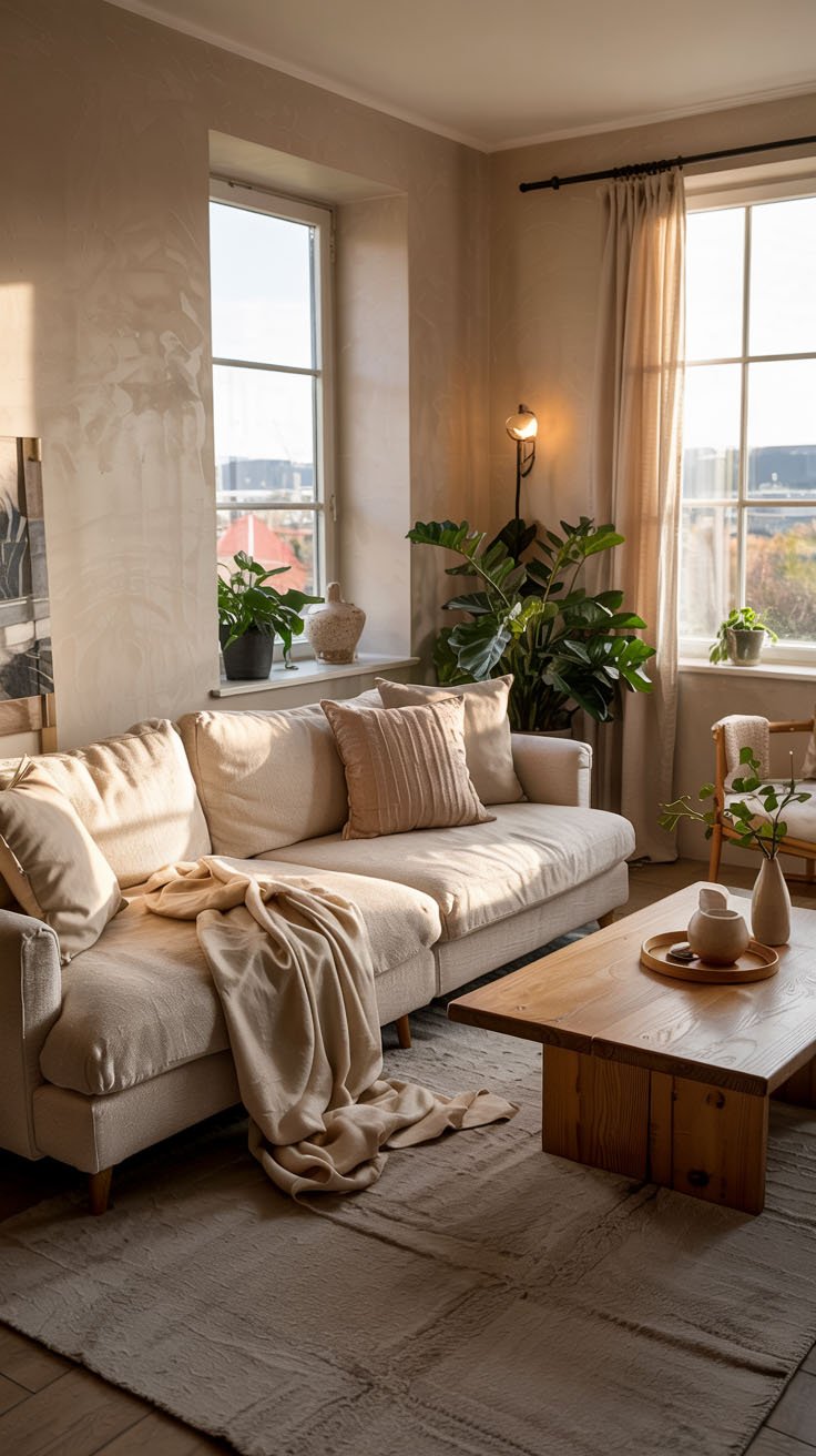 Canapé beige avec plaid dans un salon lumineux aux murs texturés