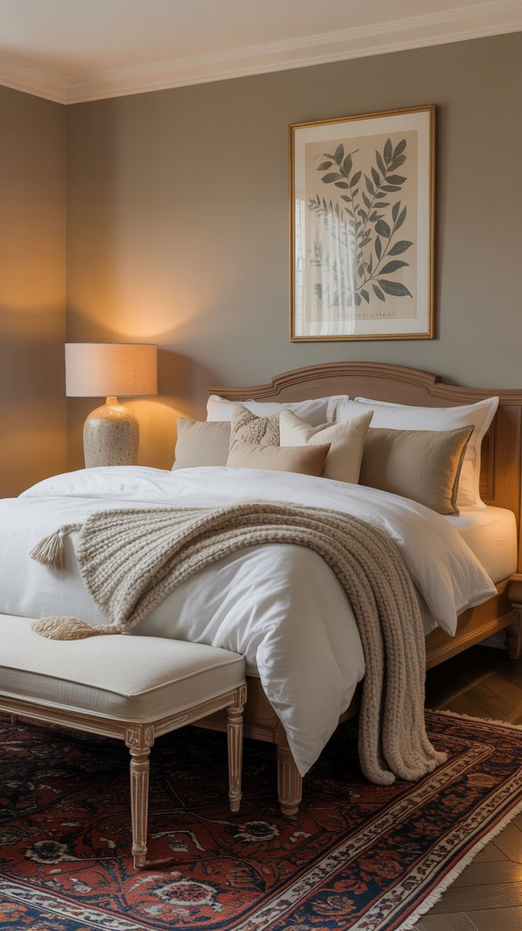 Chambre chaleureuse avec des tons terreux et un tapis persan