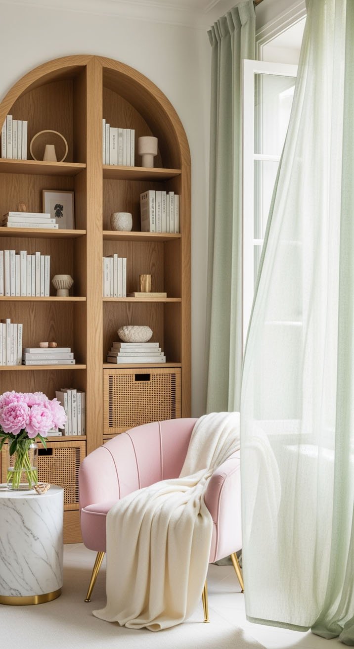 Bibliothèque en bois en forme d'arche avec fauteuil rose poudré