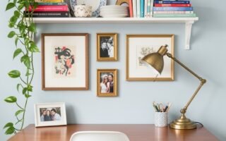 Bureau en bois de style rétro devant un mur bleu clair avec étagères de livres