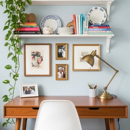 Bureau en bois de style rétro devant un mur bleu clair avec étagères de livres