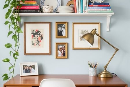 Bureau en bois de style rétro devant un mur bleu clair avec étagères de livres