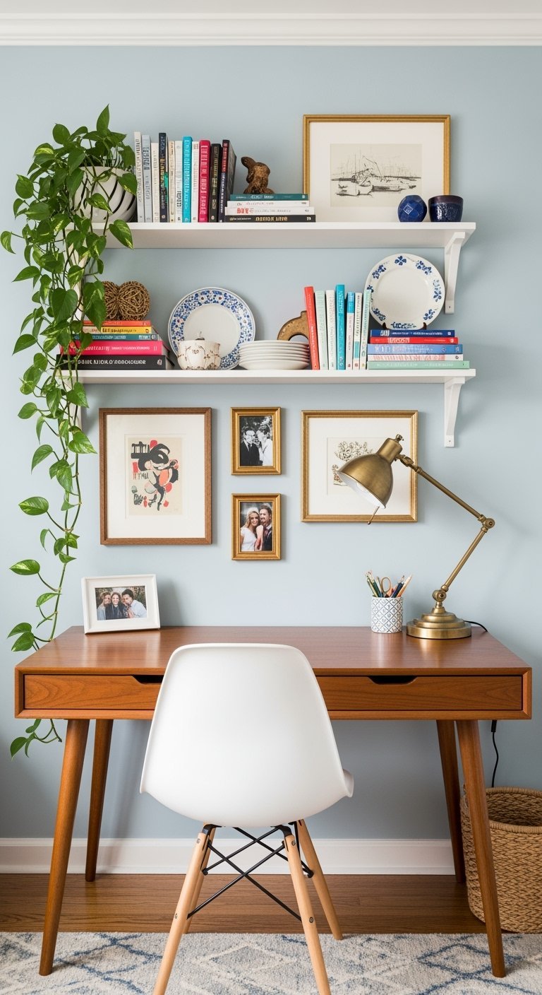 Bureau en bois de style rétro devant un mur bleu clair avec étagères de livres