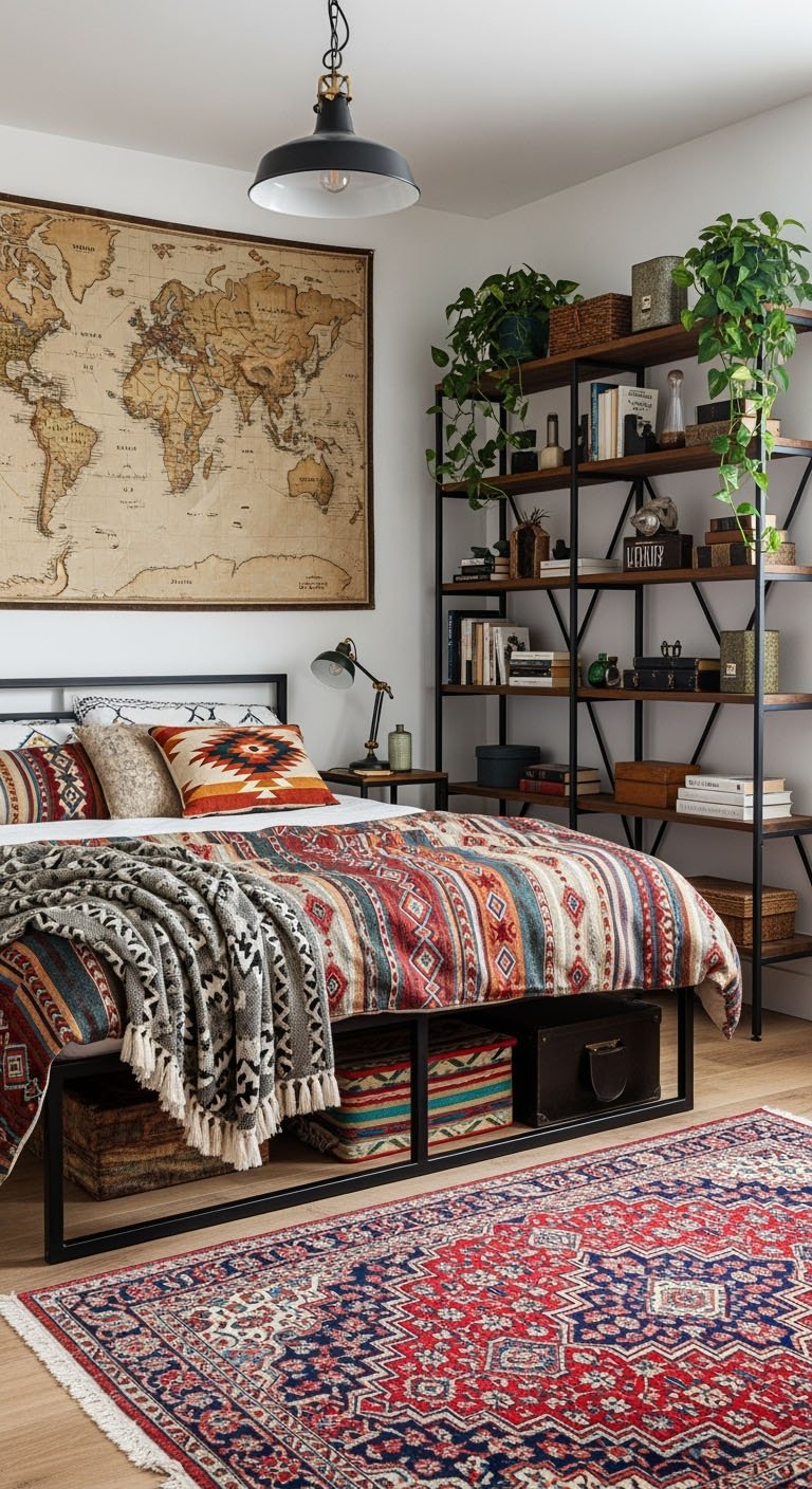 Chambre urbaine bohème avec carte du monde murale et étagères métalliques