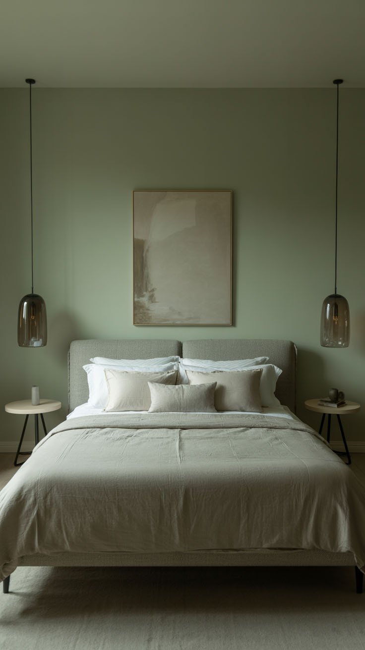Chambre vert olive avec lit en lin et suspensions en verre fumé