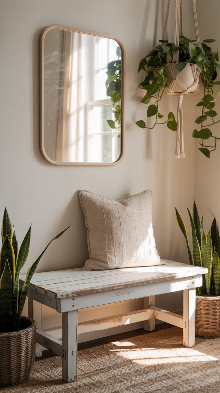 Coin dentree bohème avec banc en bois patiné et plantes