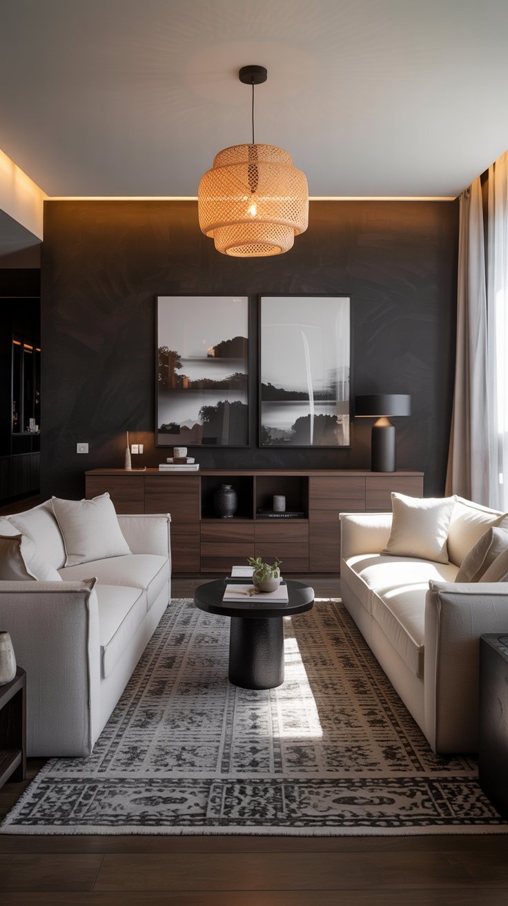 Deux canapés blancs dans un salon avec un mur d accent noir