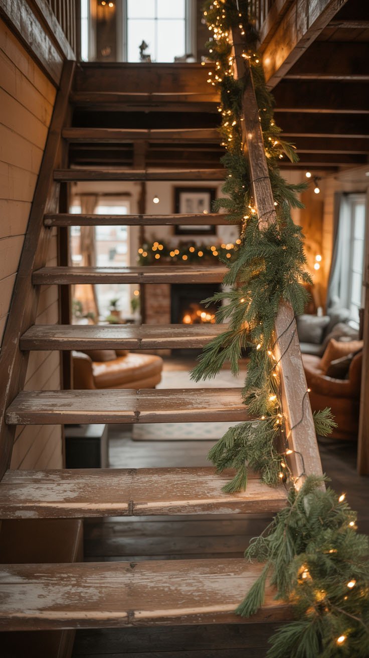 Escalier en bois décoré d'une guirlande de sapin et de lumières