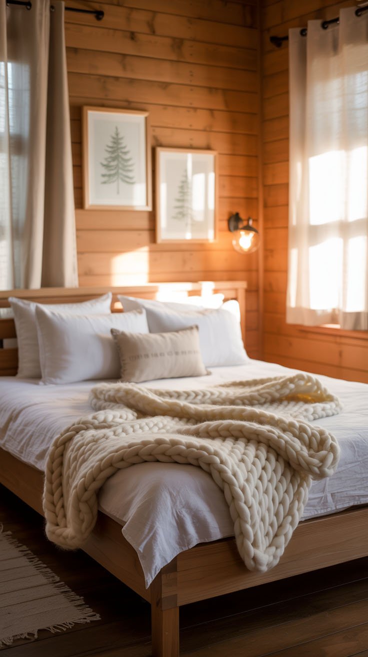 Intérieur de chambre en bois style cabane avec plaid blanc