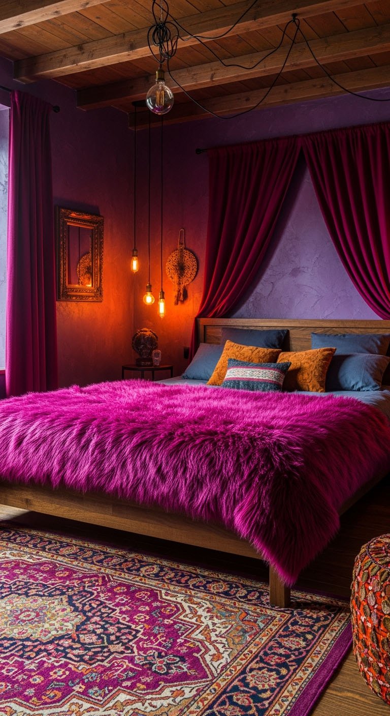 Chambre bohème audacieuse avec des murs violets et un jeté en fausse fourrure fuchsia