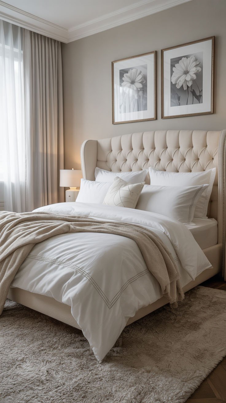 Chambre lumineuse avec tête de lit capitonnée crème et tapis doux