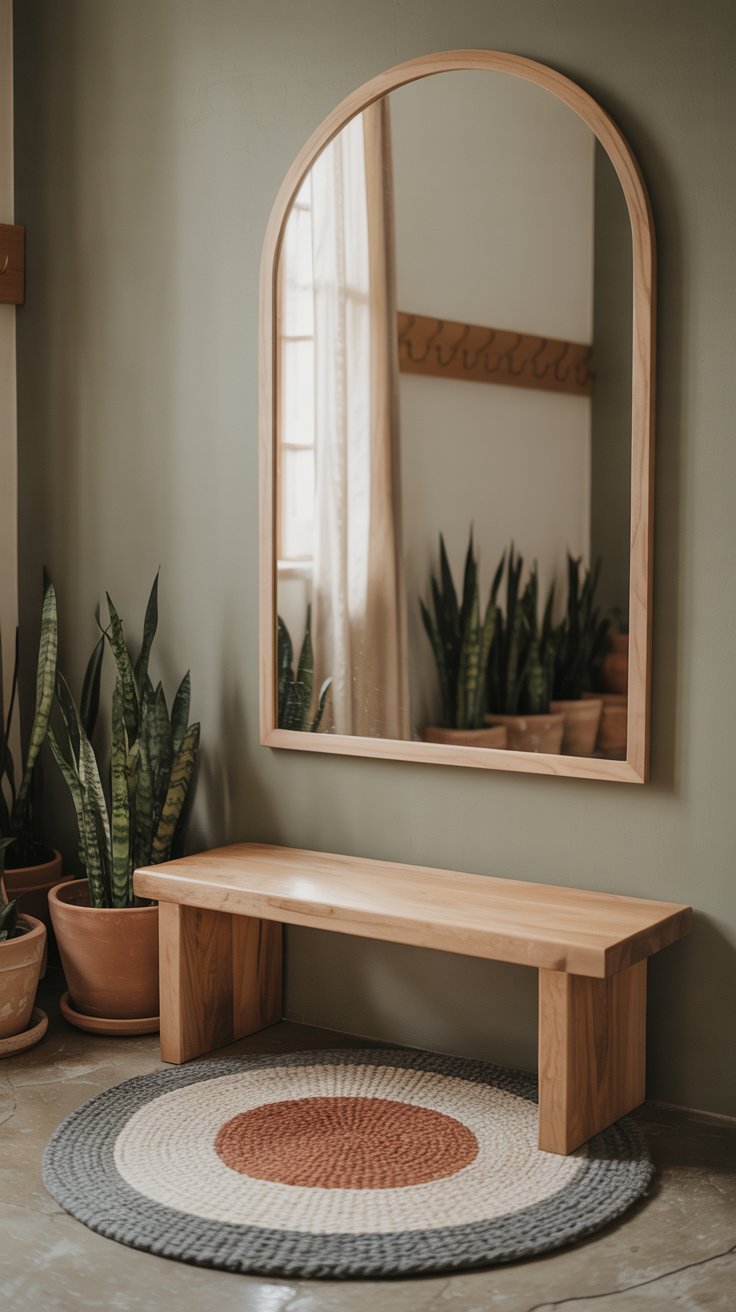 Banc en bois clair avec miroir arqué et tapis rond