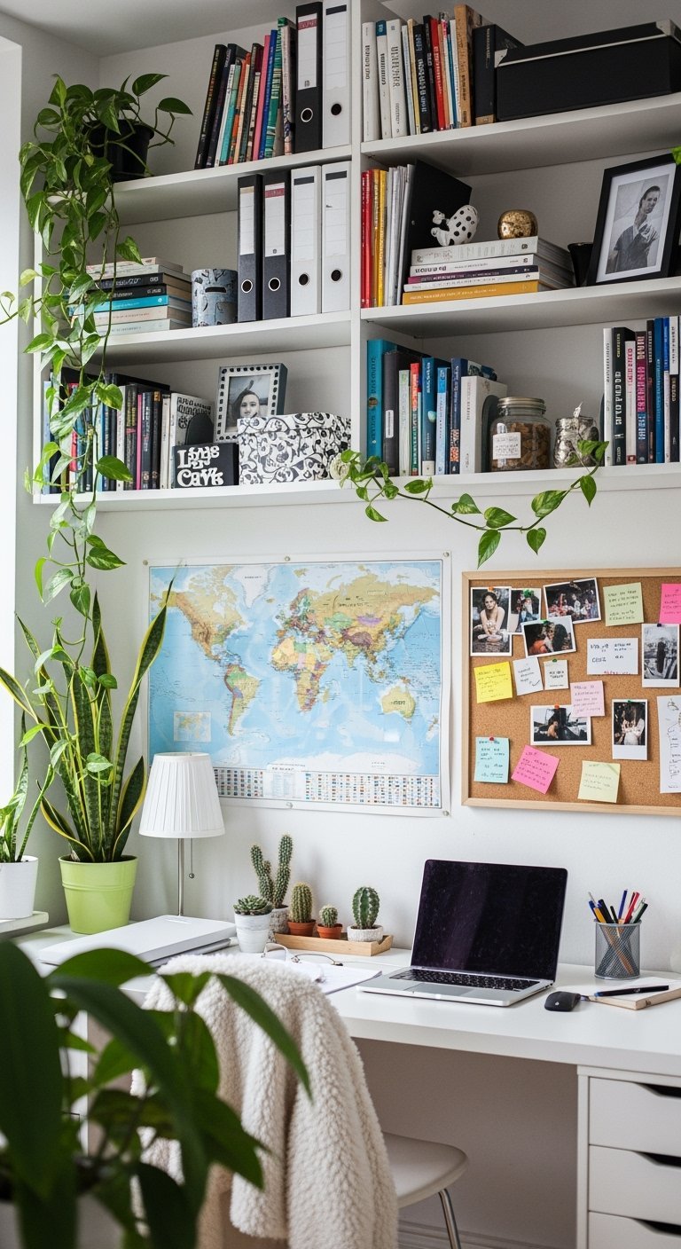 Bureau blanc bien organisé avec étagères murales, carte du monde et tableau en liège