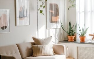 Canapé beige sous des étagères flottantes avec des plantes et des cadres