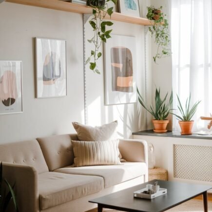 Canapé beige sous des étagères flottantes avec des plantes et des cadres