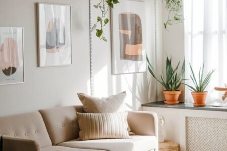 Canapé beige sous des étagères flottantes avec des plantes et des cadres