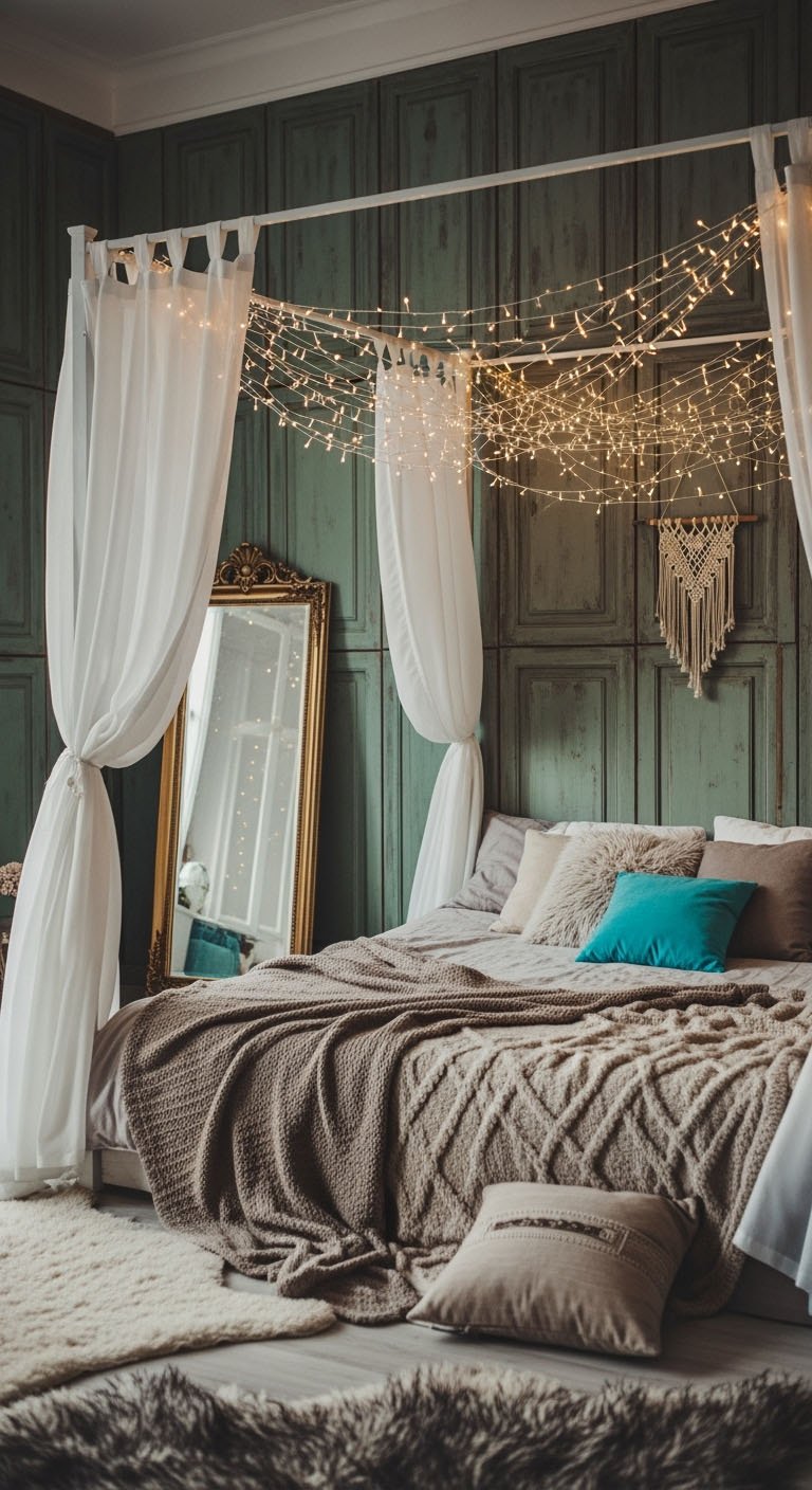 Chambre avec mur vert foncé et lit à baldaquin moderne illuminé