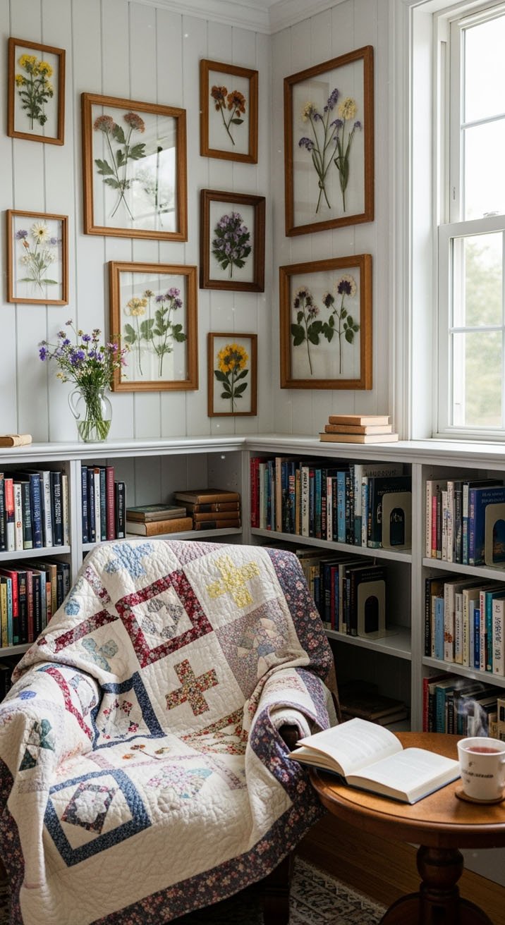 Coin lecture rustique avec fauteuil à quilt et cadres de fleurs séchées