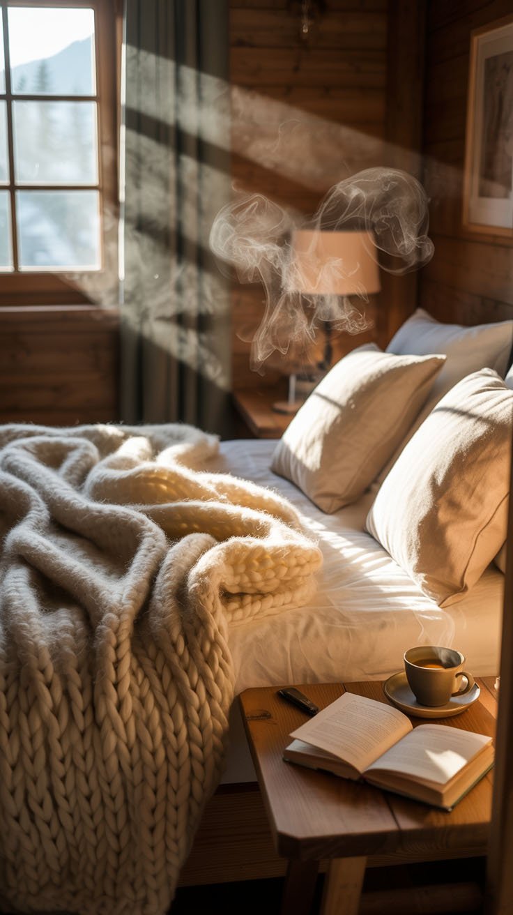 Lit avec couverture épaisse, livre et café au soleil du matin