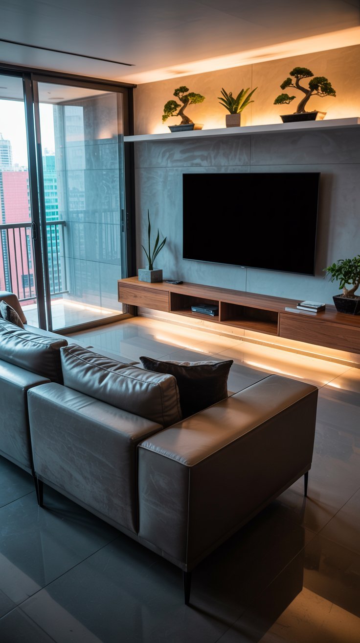Salon moderne avec canapé en cuir et éclairage LED