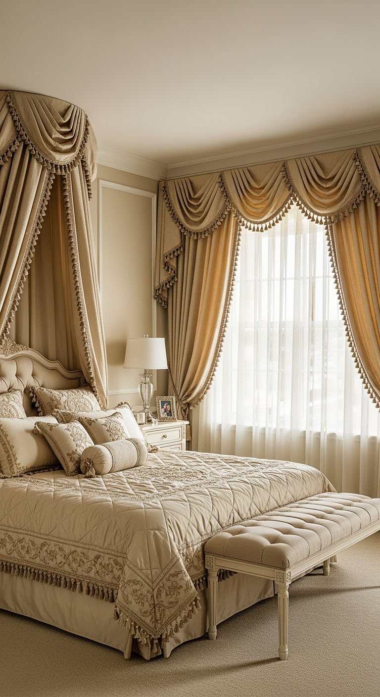 Chambre classique opulente avec des rideaux drapés à pampilles et un lit à baldaquin