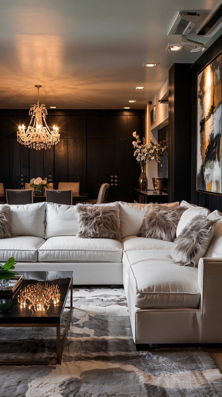 Canapé sectionnel blanc dans un salon chic aux murs noirs avec lustre en cristal
