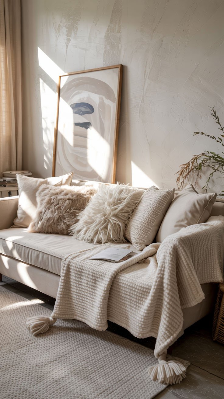 Canapé beige avec coussins en fausse fourrure et plaid tricoté blanc