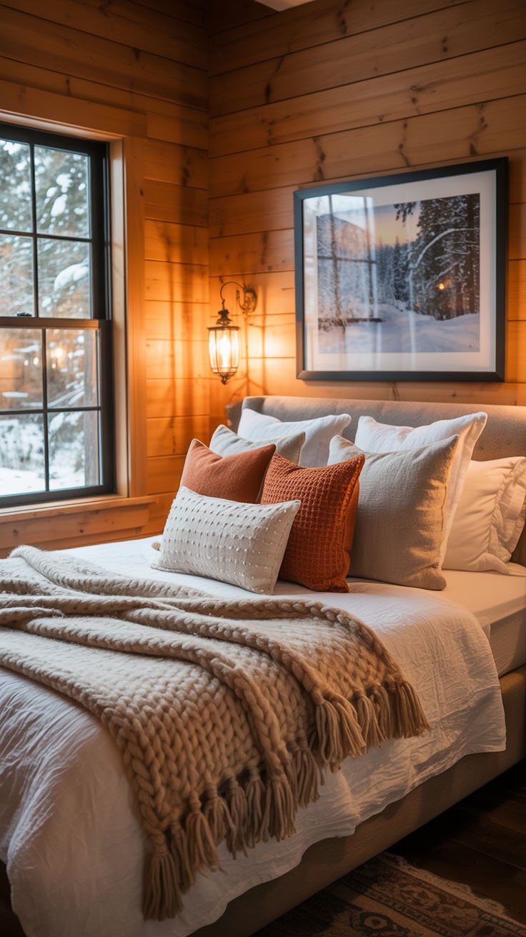 Chambre cosy dans un chalet en bois avec vue sur la neige