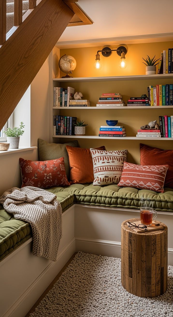 Banquette sous escalier avec coussins verts et orange