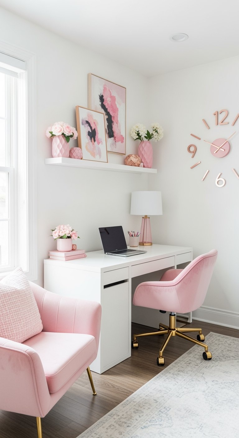 Bureau blanc avec chaise de bureau en velours rose et horloge murale design